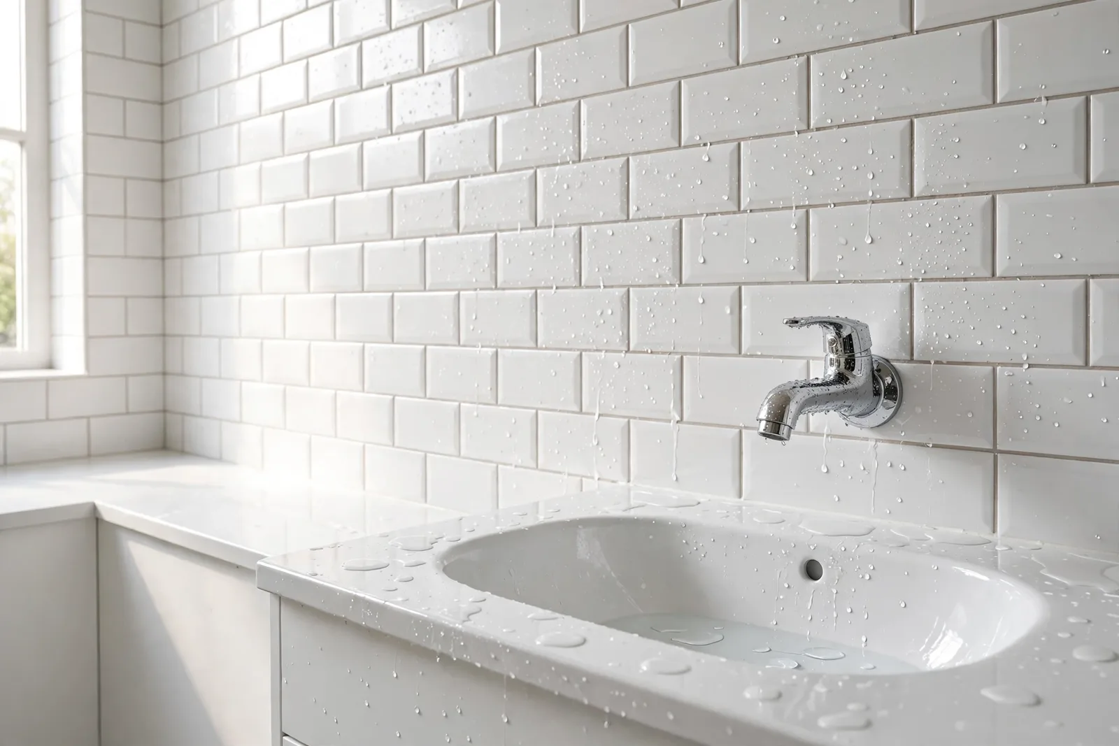 Freshly cleaned tiled wall with chrome faucet and porcelain sink