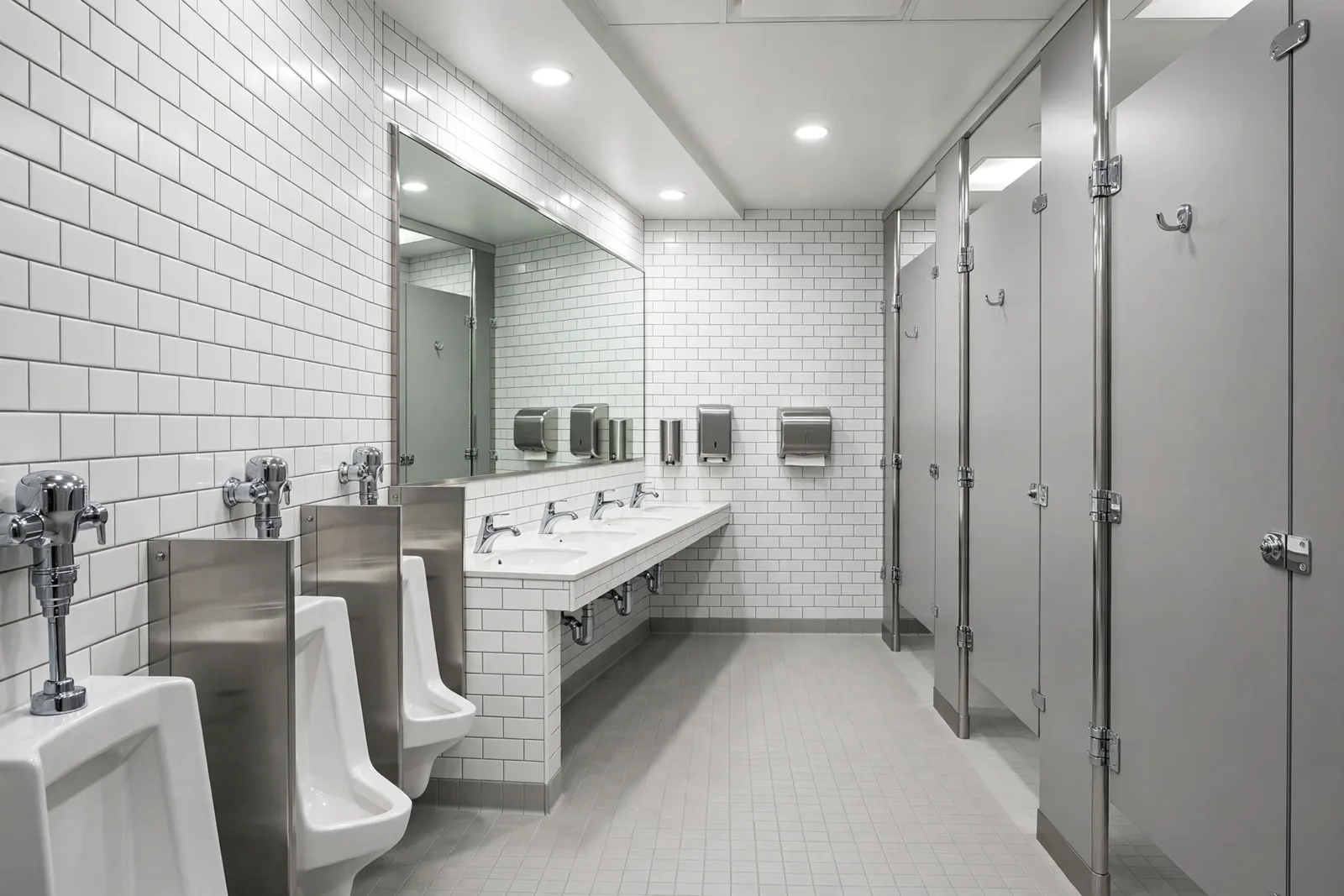 Spotless tiled commercial restroom interior